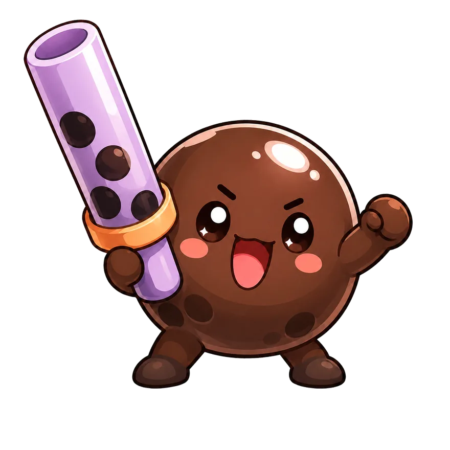 Boba-kun, the tapioca pearl mascot of Boba Boba Pop, holding a full cup of boba