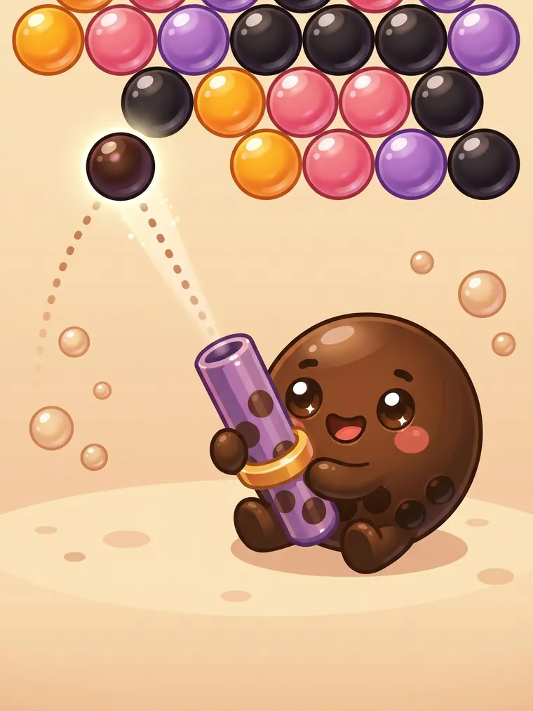 Boba-kun aiming a straw launcher at a grid of coloured pearls